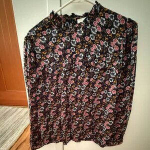 Loft Navy Floral Blouse with Ruffle Detail ~ Size Petite Large